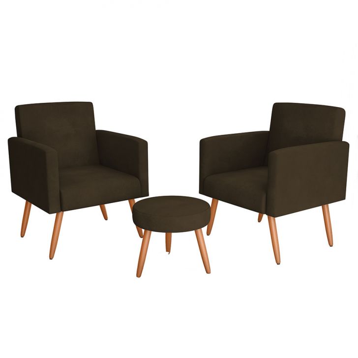 Conjunto Com 2 Poltronas E 1 Puff Dallas Veludo Marrom