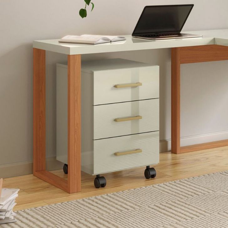 Gaveteiro Joá 100% MDF 3 Gavetas Off White e Gold