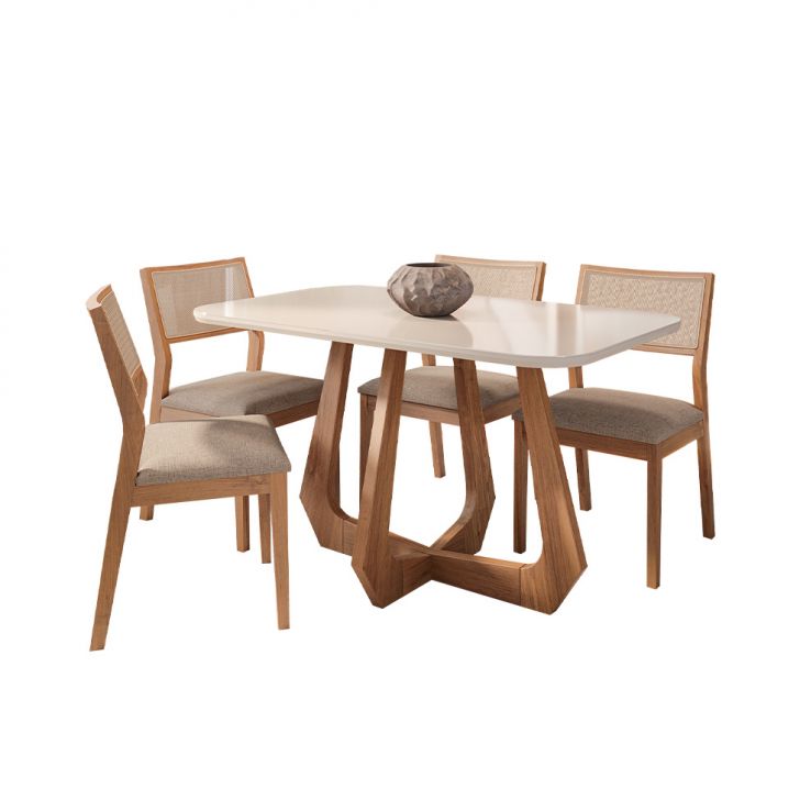 Conjunto De Mesa Retangular Com Tampo De Vidro Off White Bromélia E 4 Cadeiras Oiti Linho Bege E Madeira 130 Cm