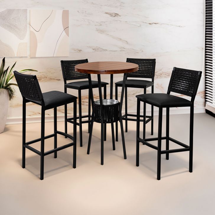 Conjunto Com Mesa Bistrô Redonda E 4 Banquetas Madri Preto E Marrom