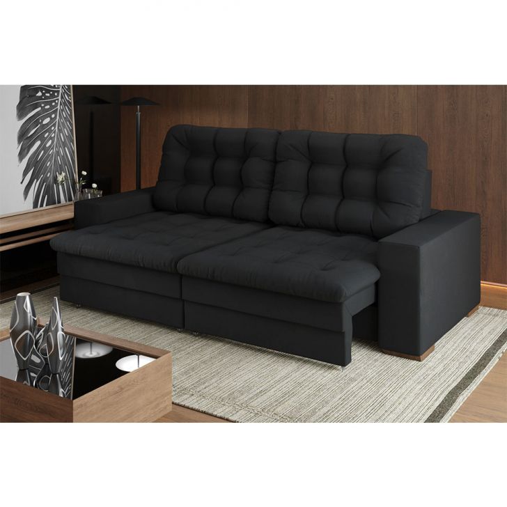 Sofá 4 Lugares Retrátil Lubeck Plush Suede Preto 250 Cm