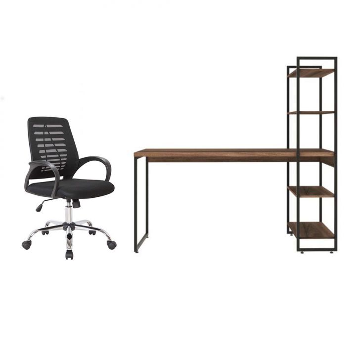 Conjunto de Mesa Studio com Estante Nogal 146 cm com Cadeira de Escritório Secretária Giratória Light Preta