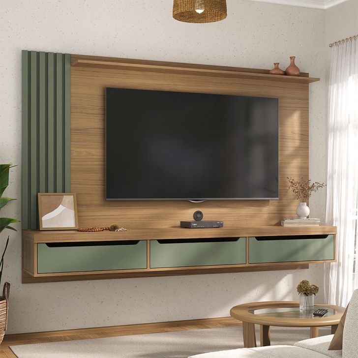 Painel Para Tv Até 75 Polegadas Presence Carvalho E Verde Menta