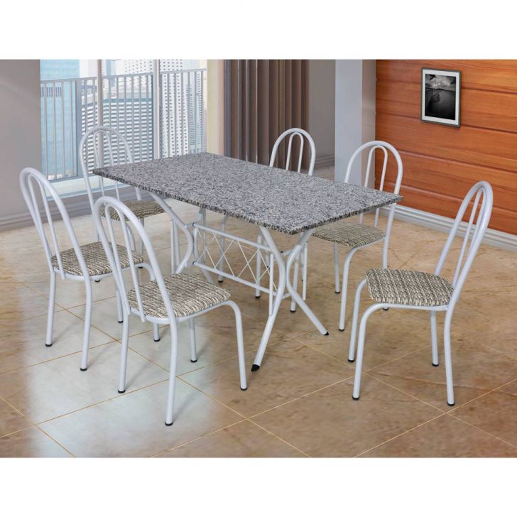 Conjunto De Mesa Com 6 Cadeiras Bruna Branco E Estampa Rattan I