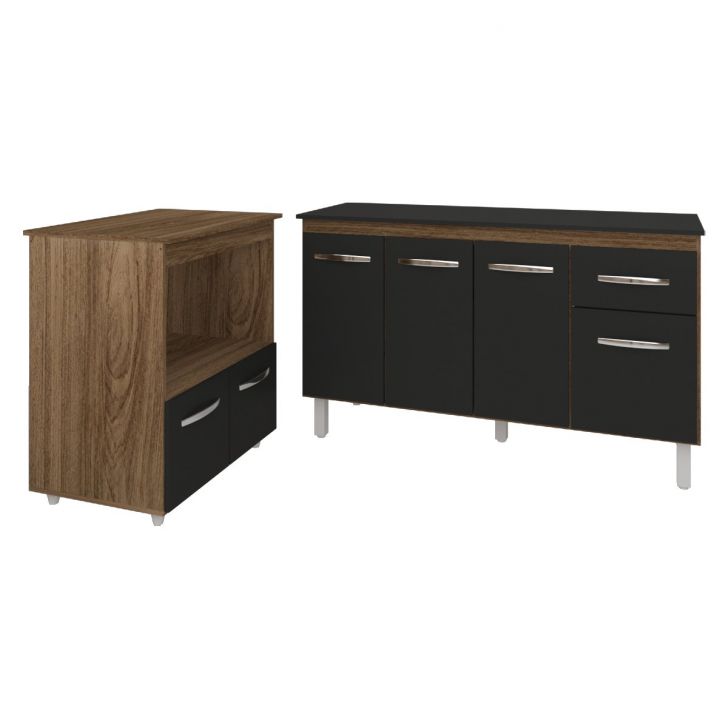 Armário Gabinete Camila 138 cm com Tampo Tampão e Balcão Amanda para Forno e Microondas Savana e Preto