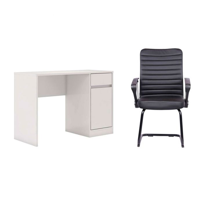 Conjunto de Mesa Morada 1 PT 1 GV Branca com Cadeira de Escritório Interlocutor Fixa Oslo Preta
