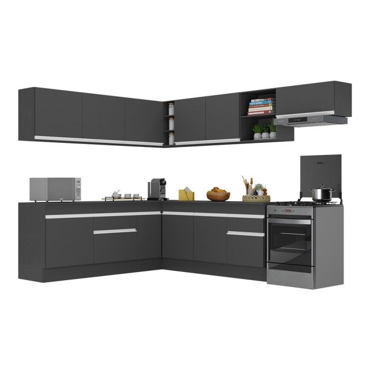 Armário de Cozinha Completa de Canto com Rodapé Veneza Multimóveis V2103  Preto/Branco