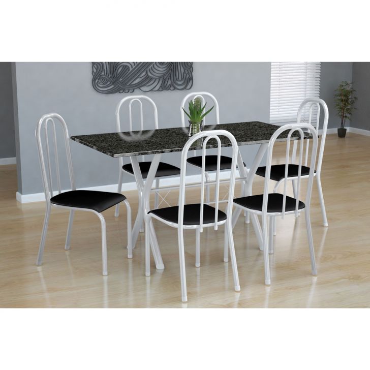 Conjunto De Mesa Miame Com 6 Cadeiras Madri Branco E Preto Liso