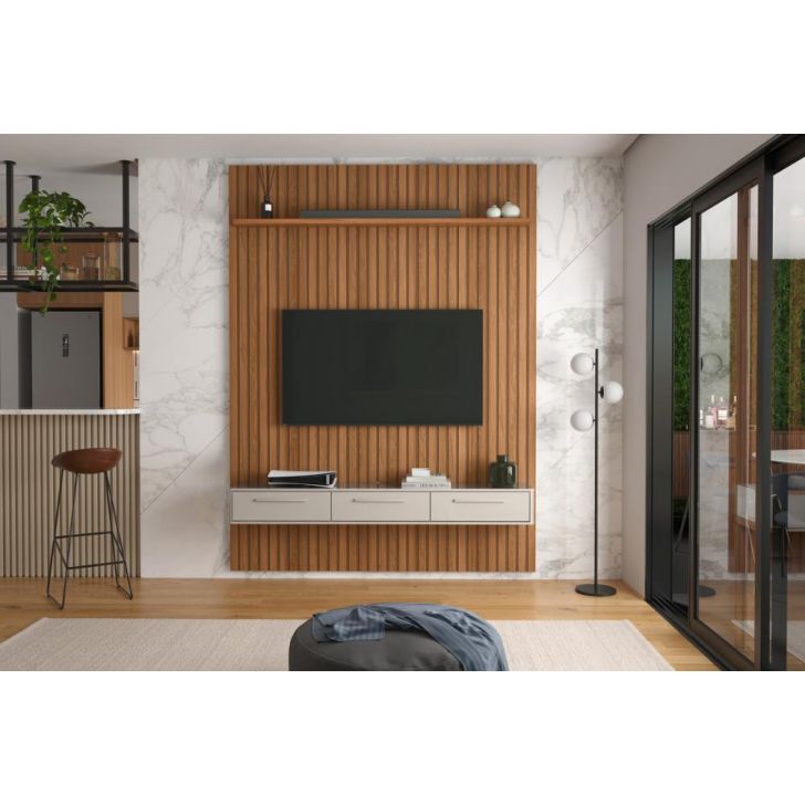 Conj. Painel Mendonza Frisado C/ Prateleira - Jequitiba + Bancada Bali 1.9 3 Gaveteiros - Off White