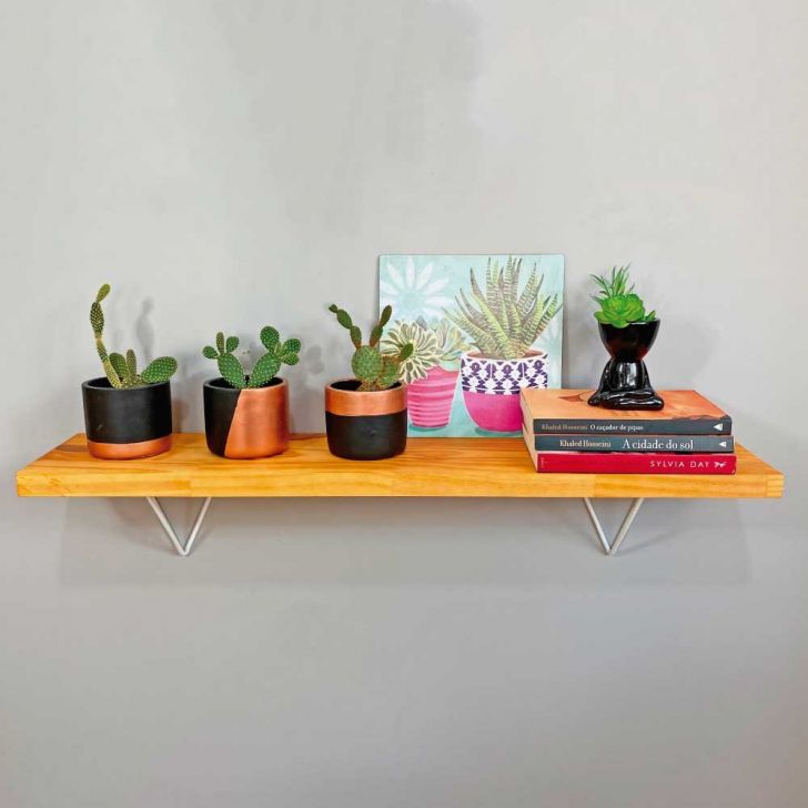 Prateleira de Parede de Ferro e Madeira Industrial Pirâmide 100cm Carvalho e Branco