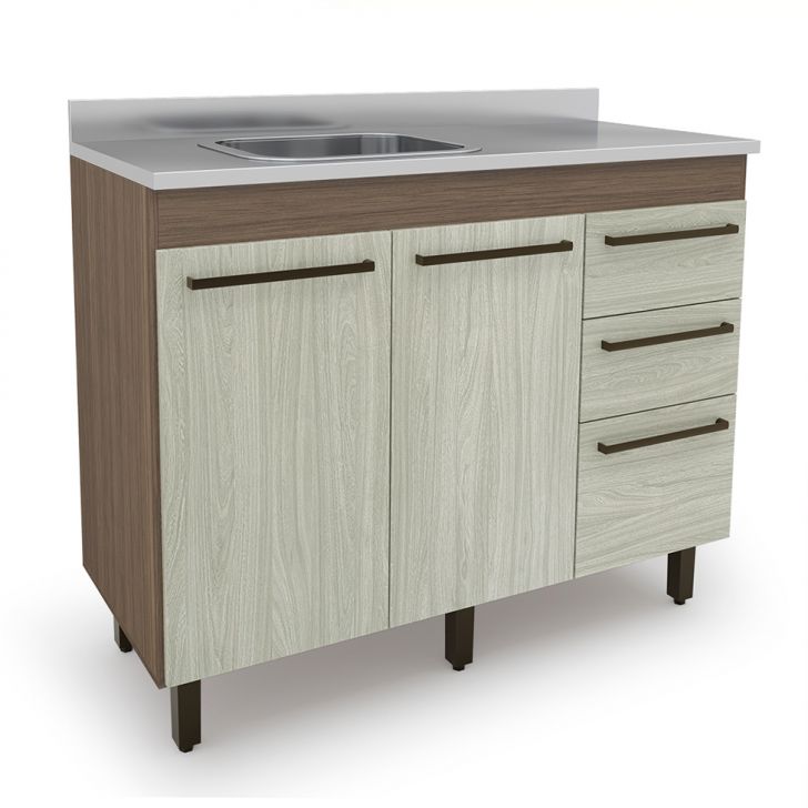 Balcão de Cozinha com Tampo 2 Portas 3 Gavetas Tannat e Legno Crema