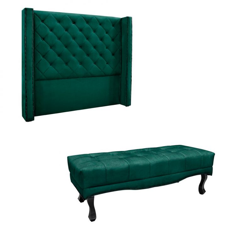 Conjunto de Cabeceira King com Recamier Vicenza Veludo Verde