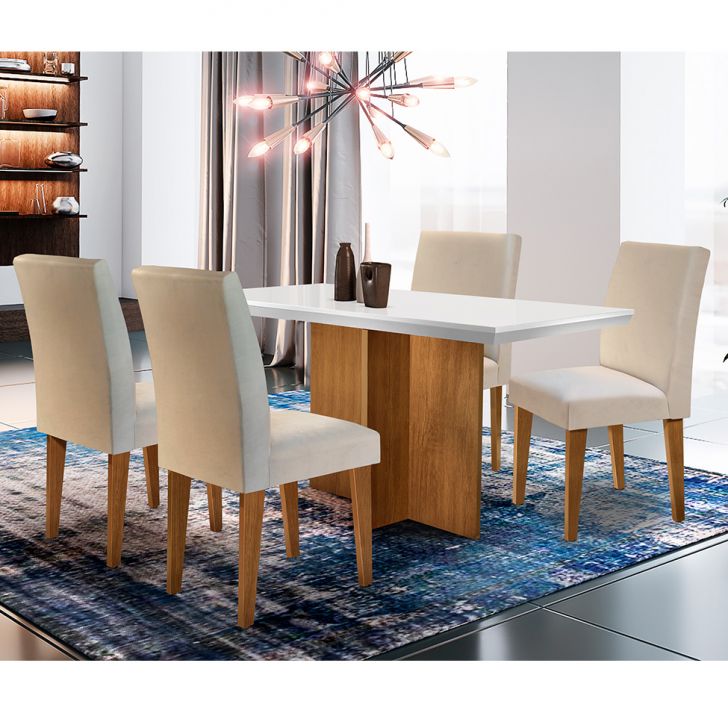 Conjunto De Mesa De Jantar Ane Com 4 Cadeiras Estofadas Grécia Veludo Off White E Creme