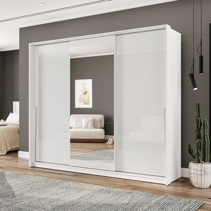 Guarda-roupa Casal Com Espelho Porto 3 Portas 4 Gavetas Branco