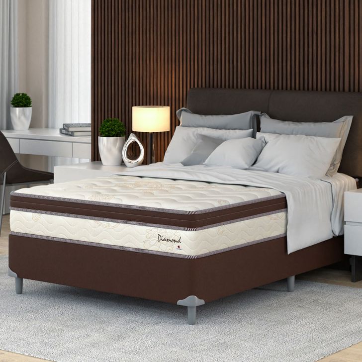 Cama Box Casal Com Colchão Diamond Euro Mr (63x138x188) Bege E Marrom
