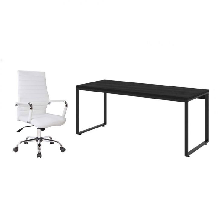 Conjunto de Mesa Kuadra Preta com Cadeira de Escritório Diretor Giratória Cleaner Branca