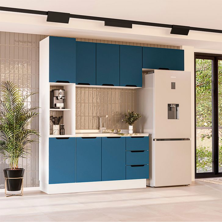 Cozinha Compacta Sem Tampo com Rodapé Meena 8 Portas 3 Gavetas Azul e Branca