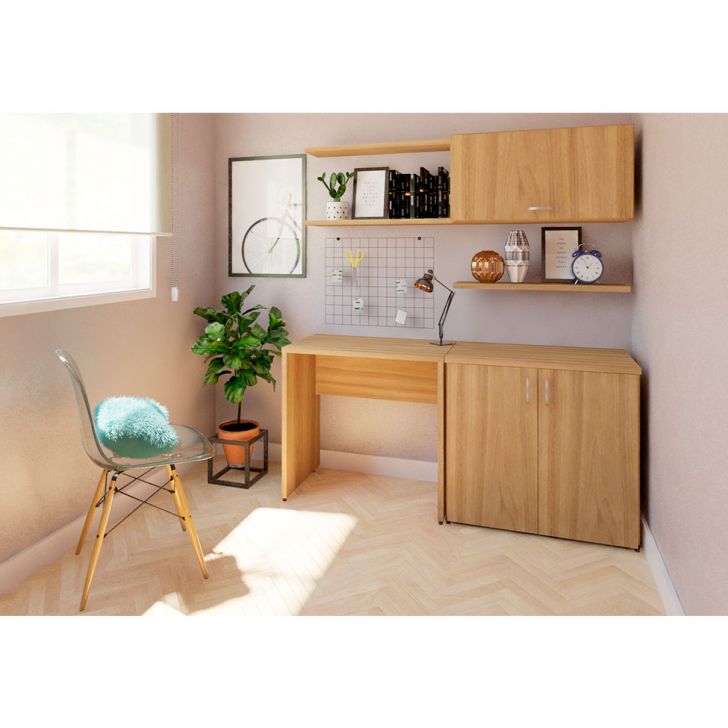 Conjunto De Mesa Com Armário De Escritório, Armário Aéreo E 3 Prateleiras Corar Carvalho Mel