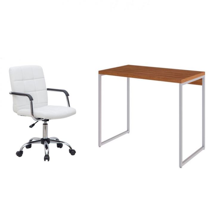 Conjunto de Mesa Studio Mel e Branca com Cadeira de Escritório Secretária Giratória Fitz Branca