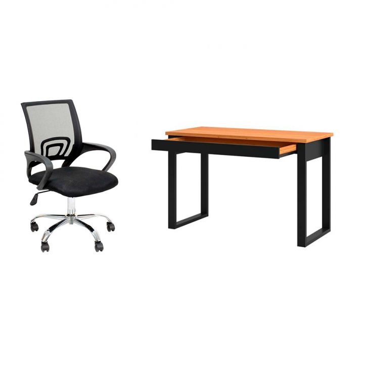 Conjunto de Mesa Anah 1 GV Freijó com Cadeira de Escritório Secretária Giratória Javix Preta