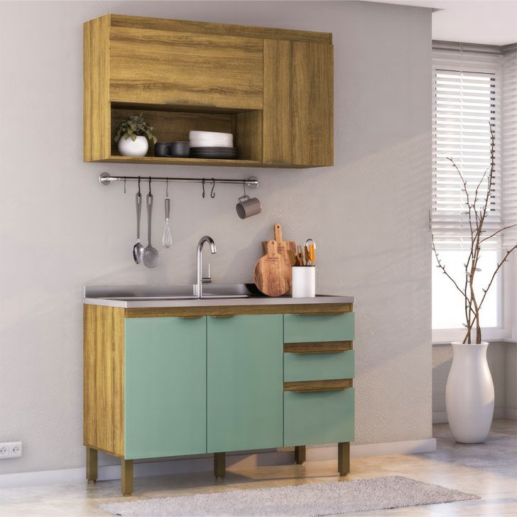 Cozinha Compacta Magnólia com Armário Aéreo 4 Portas 3 Gavetas Mel e Verde