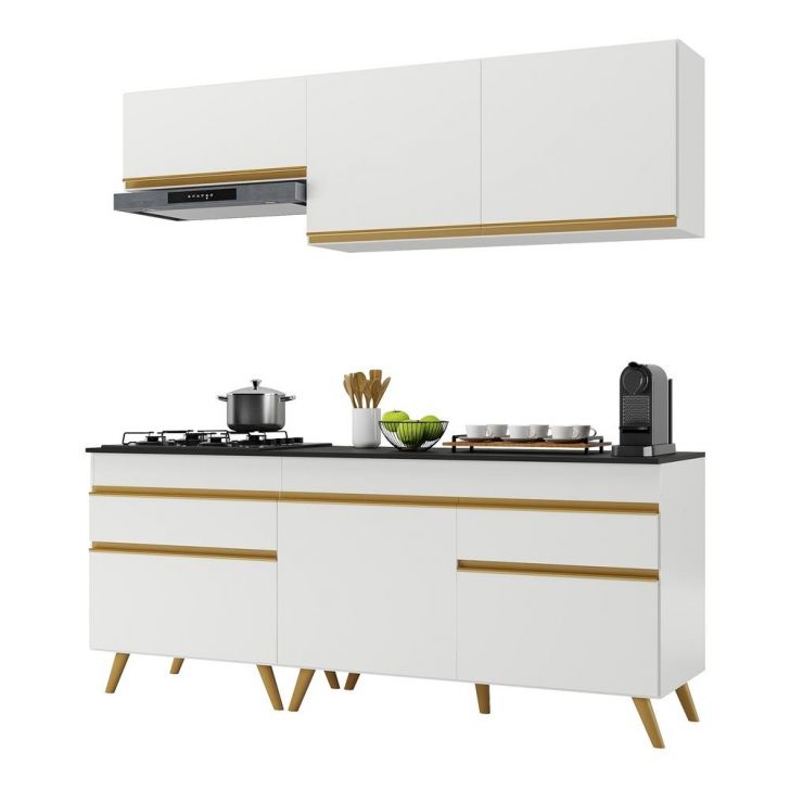 Armário de Cozinha Compacta 190cm Veneza Multimóveis V3705 Branco/Dourado