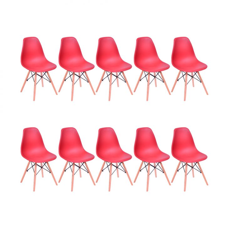 Conjunto com 10 Cadeiras DKR Eames Vermelho e Madeira