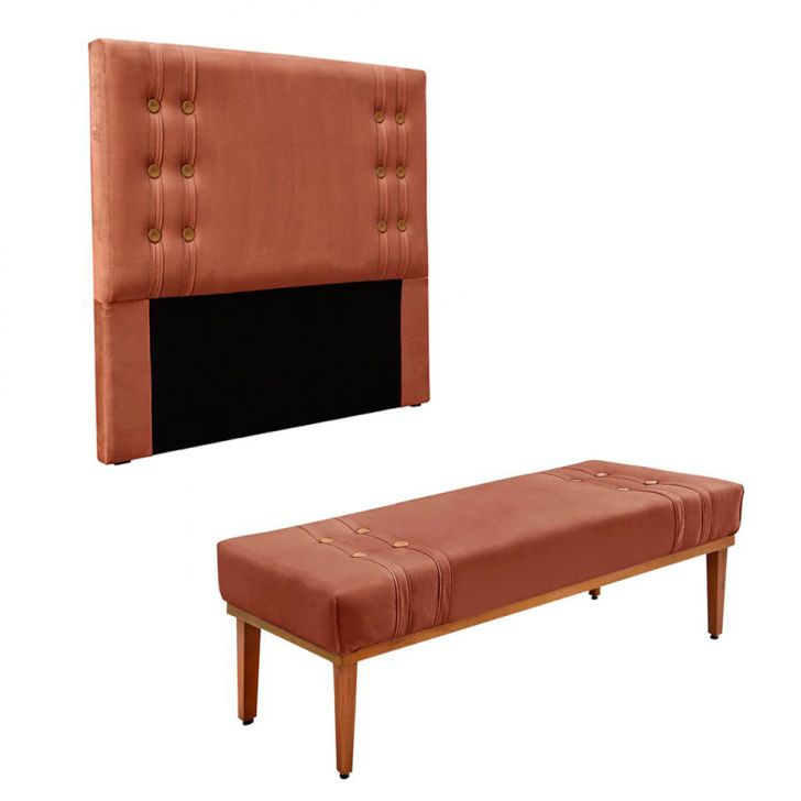 Conjunto de Cabeceira Queen com Recamier Gênova Veludo Cobre