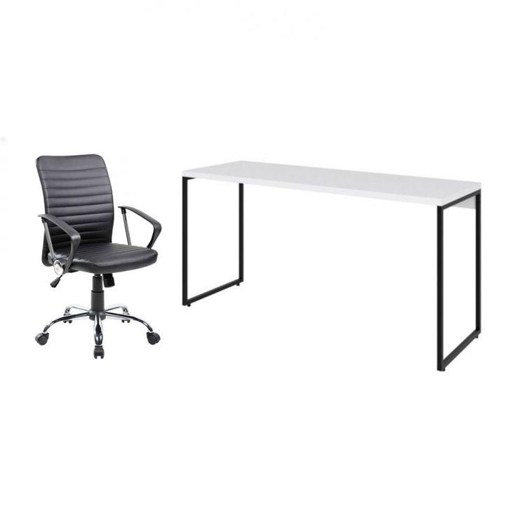 Conjunto de Mesa Studio Branca com Cadeira de Escritório Diretor Giratória Oslo Preta