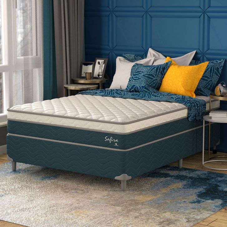 Cama Box Casal Com Colchão Safira (63x138x188) Azul E Branco
