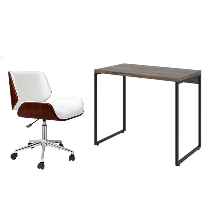 Conjunto de Mesa Studio Marrom Escuro com Cadeira de Escritório Diretor Giratória Lauren Branca