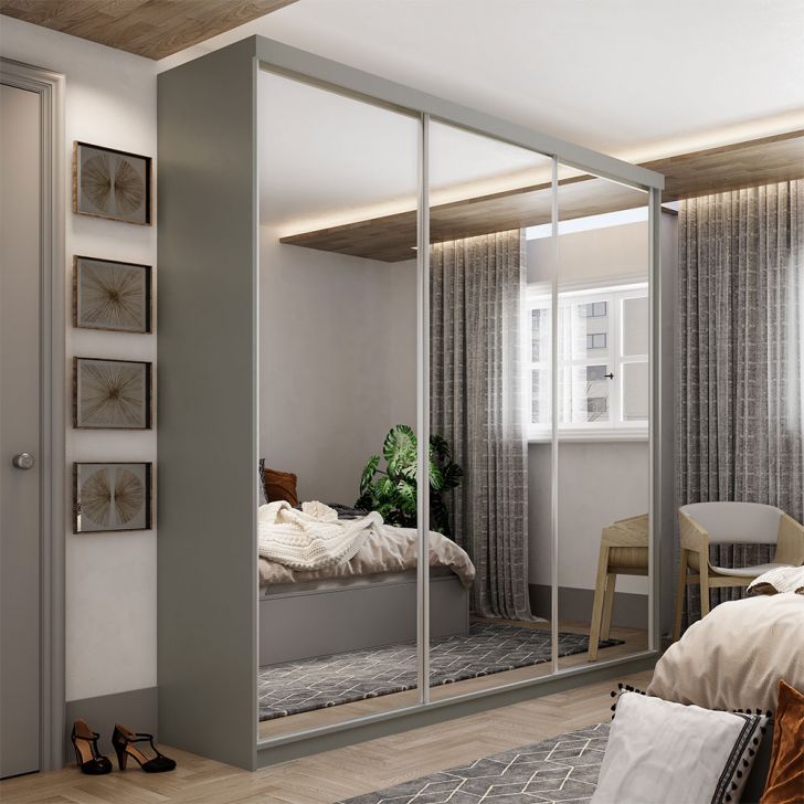 Image of Guarda-roupa Casal Com 3 Espelhos Geneve 3 Portas 4 Gavetas Cinza PLA-MO895CL28OALMOB