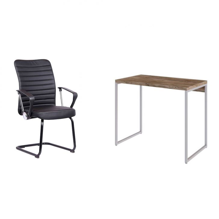 Conjunto de Mesa Studio Carvalho e Branca com Cadeira de Escritório Interlocutor Fixa Oslo Preta