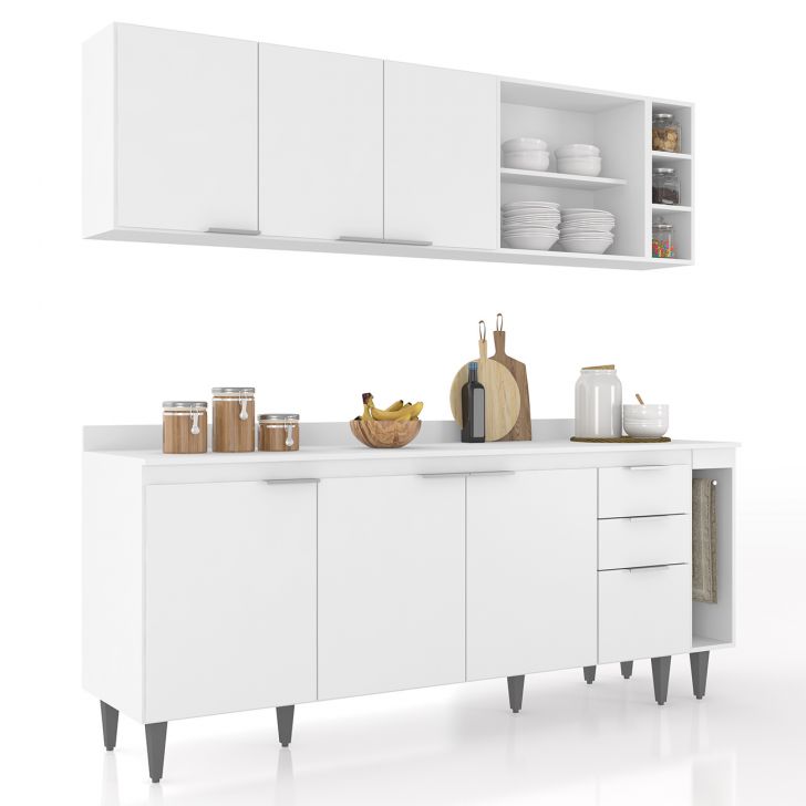 Armário de Cozinha Com Tampo CP11 200cm Pérola Branco Z34     - Mpozenato