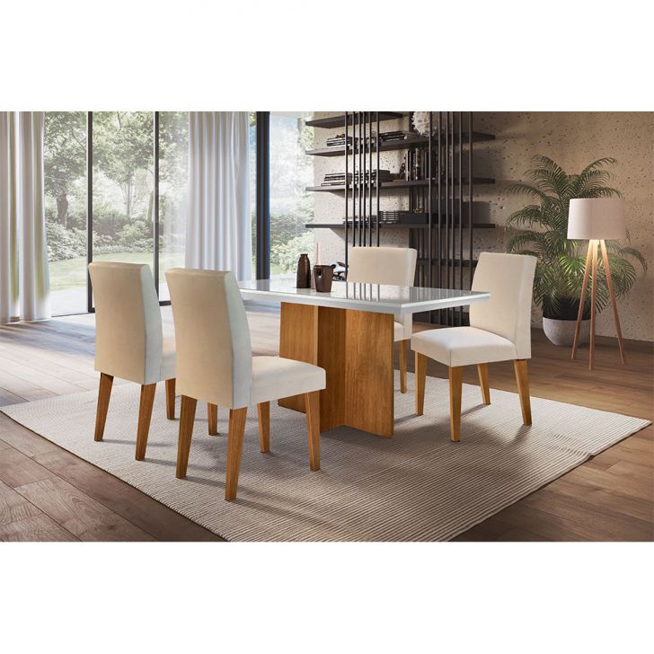 Conjunto De Mesa De Jantar Berlim Ii Com Tampo De Vidro Off White E 4 Cadeiras Grécia Veludo Creme