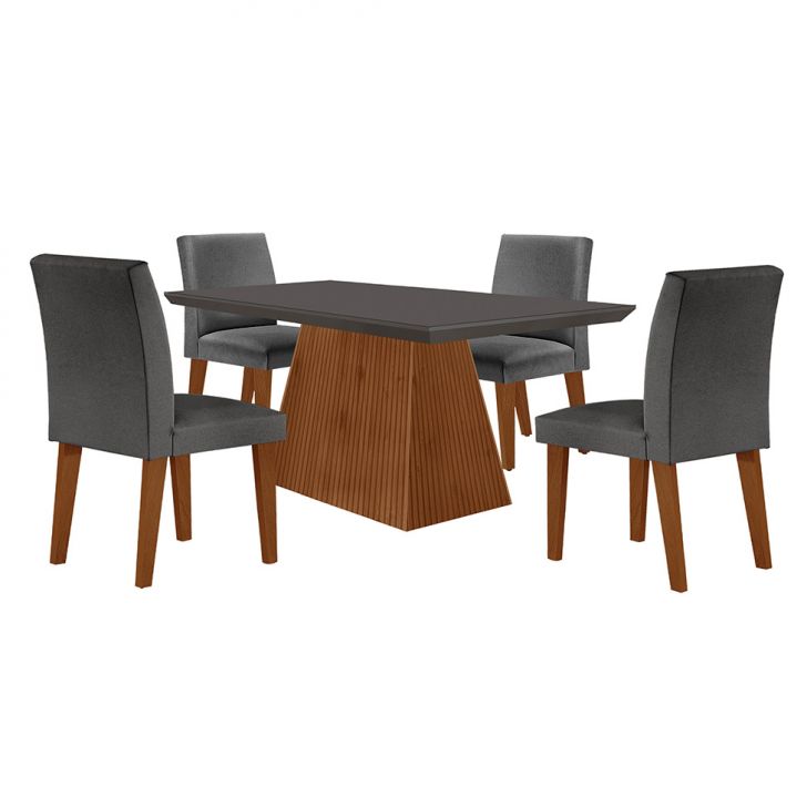 Conjunto De Mesa De Jantar Retangular Com Tampo De Vidro Luna E 4 Cadeiras Grécia Linho Grafite E Imbuia
