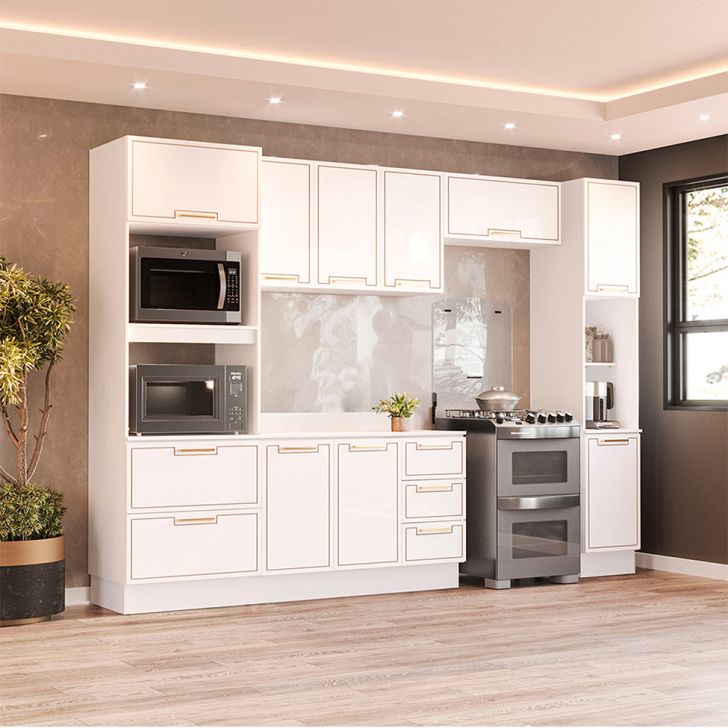 Image of Cozinha Completa Com Tampo Rodapé E Paneleiro Amara 10 Portas 4 Gavetas Branca PLA-MO895CL28PUTMOB