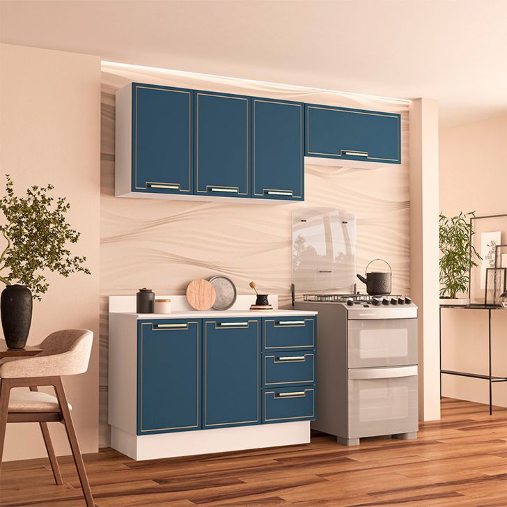 Image of Cozinha Completa Com Tampo E Rodapé Amara 6 Portas 3 Gavetas Azul E Branca PLA-MO895CL28PYPMOB