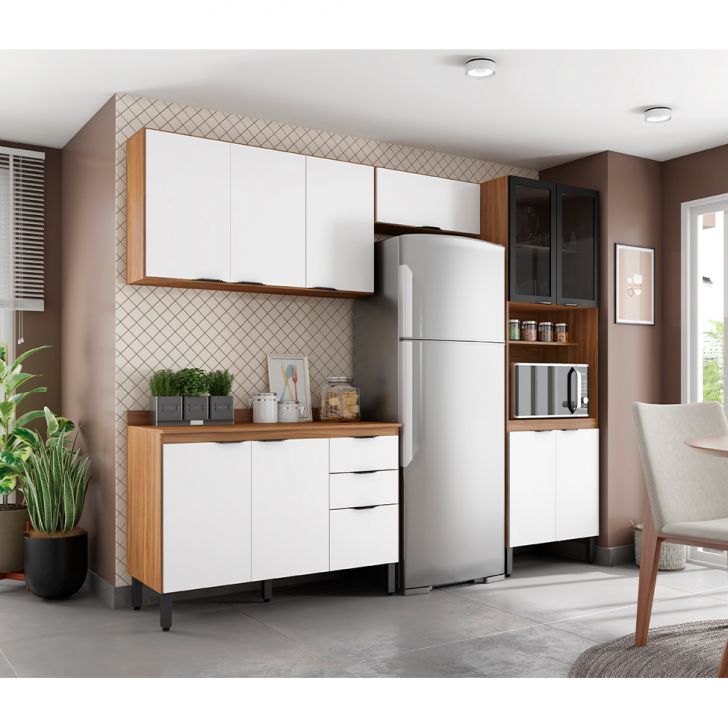 Cozinha Compacta Firenze I 11 Portas 2 Gavetas Amêndola e Branca