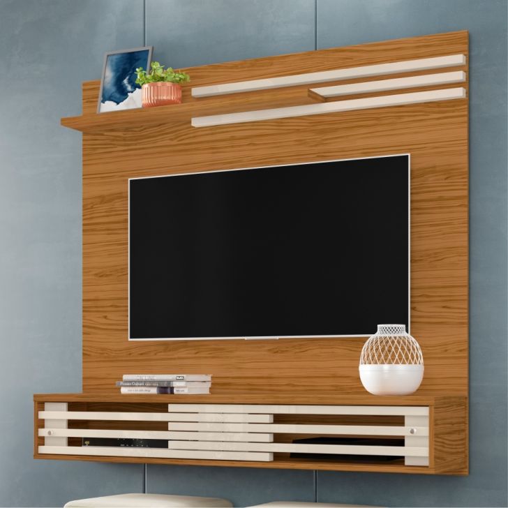 Painel para TV com Prateleiras e Frisos Malya Naturale Off White