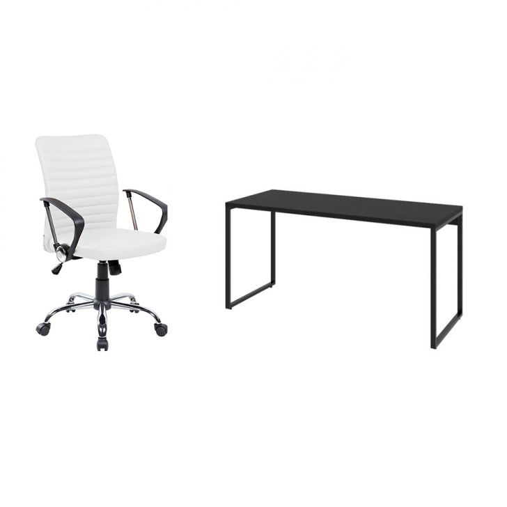 Conjunto de Mesa Kuadra I Preta 150 cm com Cadeira de Escritório Diretor Giratória Oslo Branca