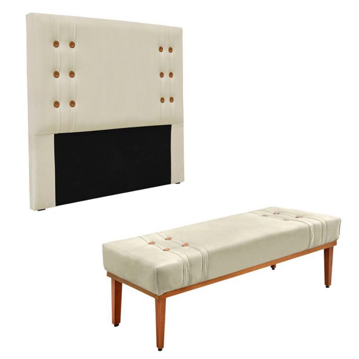 Conjunto de Cabeceira King com Recamier Gênova Veludo Bege