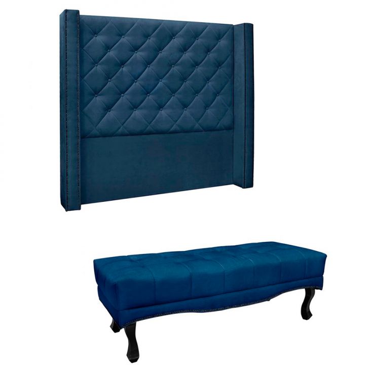 Conjunto de Cabeceira King com Recamier Vicenza Suede Azul Marinho