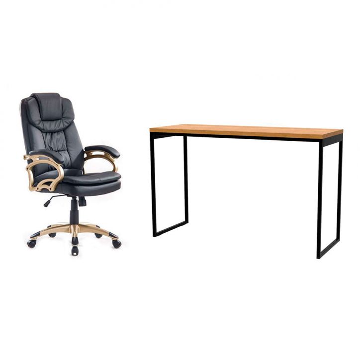 Conjunto de Mesa Stanford Amêndoa 120 cm com Cadeira de Escritório Presidente Giratória com Relax Clark Preta e Dourada