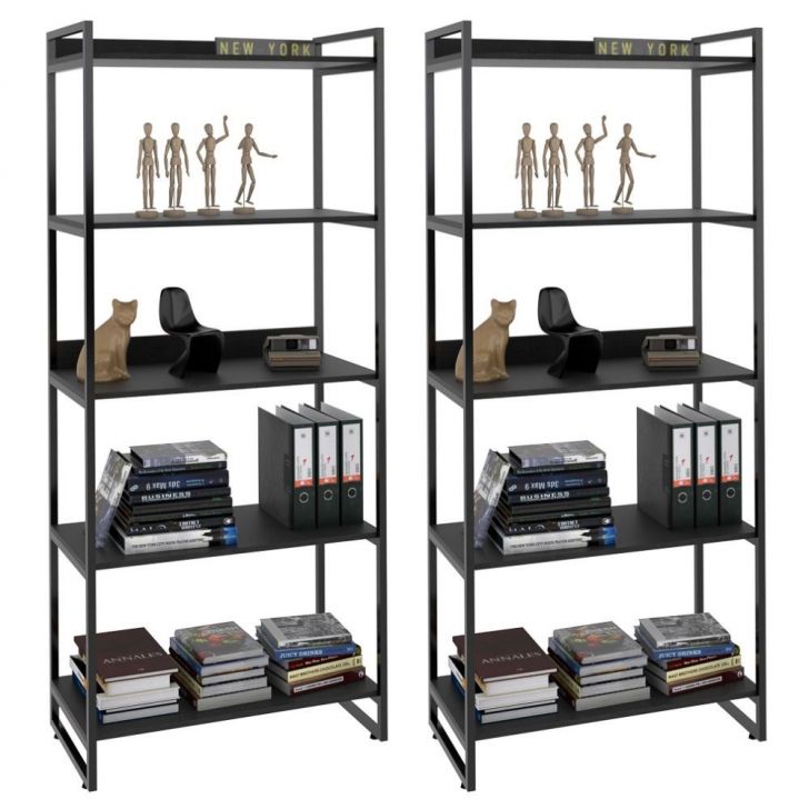 Kit 2 Estantes Livreiro Multiuso Prisma Estilo Industrial 80cm 5 Prateleiras C08 Preto Onix - Mpozenato