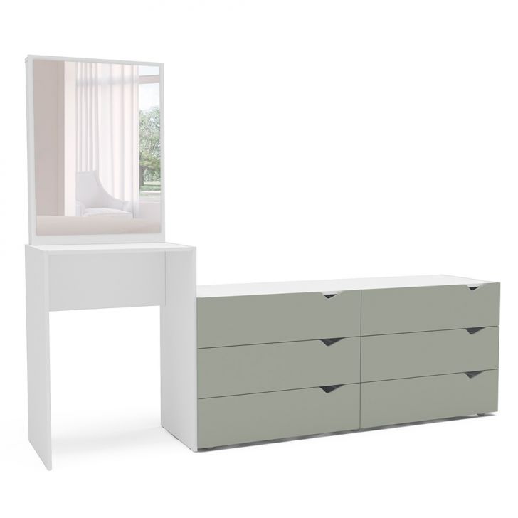 Cômoda com Espelho Porto 6 Gavetas Branca e Verde