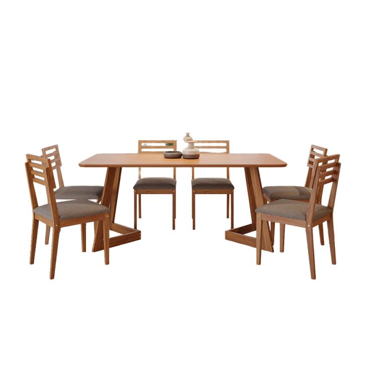 Conjunto De Mesa Retangular Com Tampo Mdf Caju E 6 Cadeiras Juparanã Linho Bege E Cinamomo