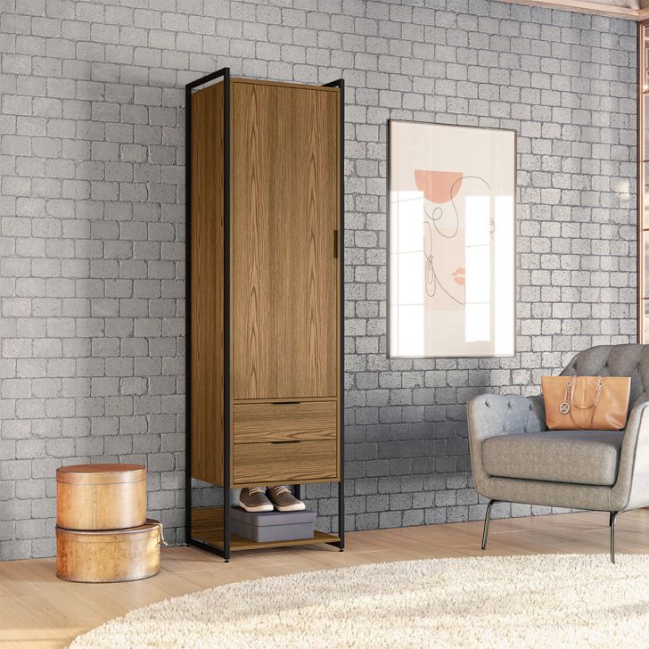 Guarda-roupa Closet Industrial Mital 1 Porta 2 Gavetas Conhaque E Preto