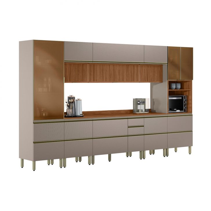 Cozinha Completa com Vidro Reflecta e Ripado Proença 12 Portas 10 Gavetas Bege e Nogueira