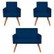 Kit 2 Poltronas e Namoradeira Nina Veludo Azul Marinho Pés Palito Castanho - Pallazio